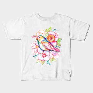 floral bird illustration with rainbow colors, peonies, pink flowers, pink bird, cute illustration Kids T-Shirt